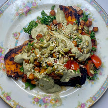Load image into Gallery viewer, loaded sweet potato+ creamy sunflower seed dill sauce