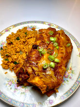Load image into Gallery viewer, ‘chorizo,’ sweet potato, + black bean enchiladas